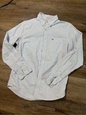 Y2K Hollister Mens Light Blue Striped Button-Down Shirt